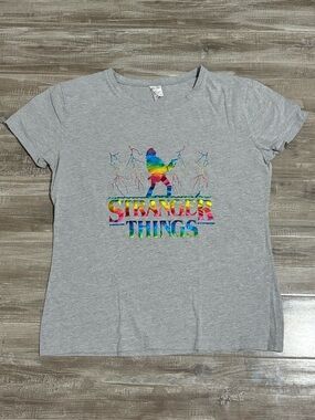 Women’s Custom Made Cute Stranger Things Rainbow Logo Grey Shirt Xtra Large